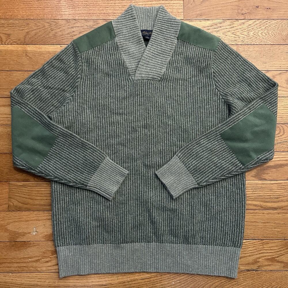 Brooks Brothers Lambs Wool Knit Shawl Collar Elbow Patch Sweater Large